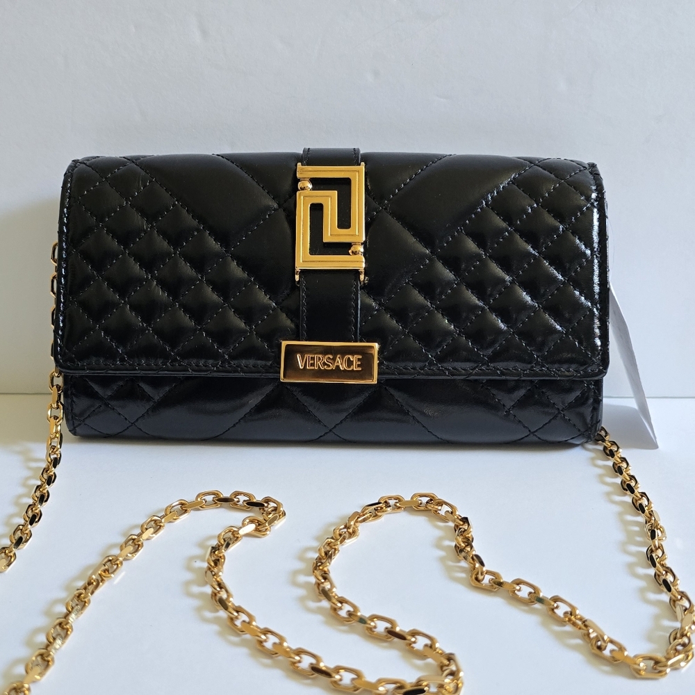 Versace Greca Goddess Mini Quilted Patent Leather Crossbody / Clutch Black - Picture 3 of 13